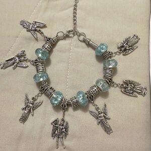 Handmade – NWOT – 925 SS plated archangel charm bracelet. Light blue beads